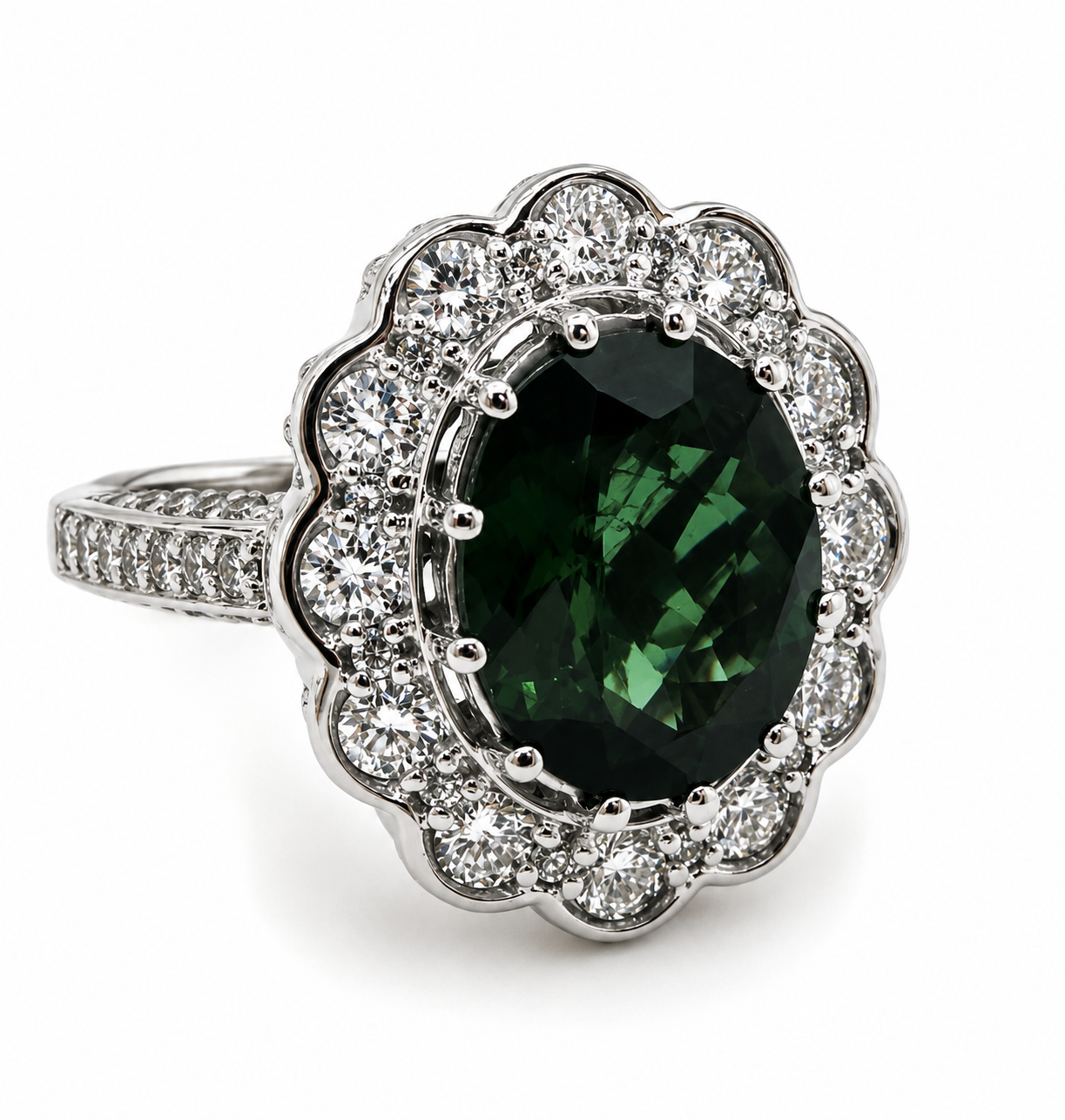 UB10016FWTU-Oval Green Gemstone & Diamond Halo Ring in White Gold