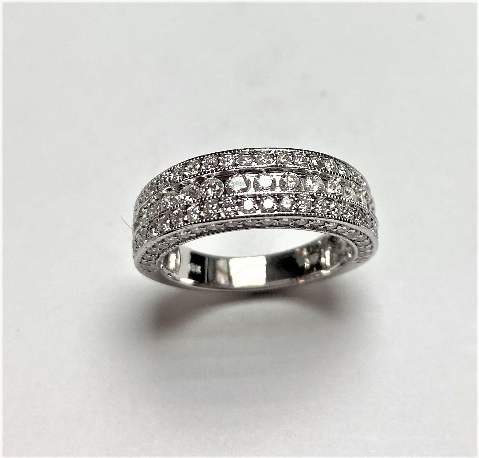 UB7686LW53 - White Gold Multi-Row Diamond Band with Milgrain Detailing