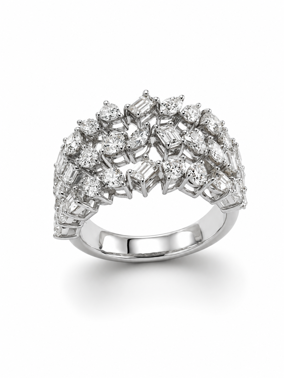 BSR890105W-Multi-Shape Diamond Statement Band Ring in White Gold