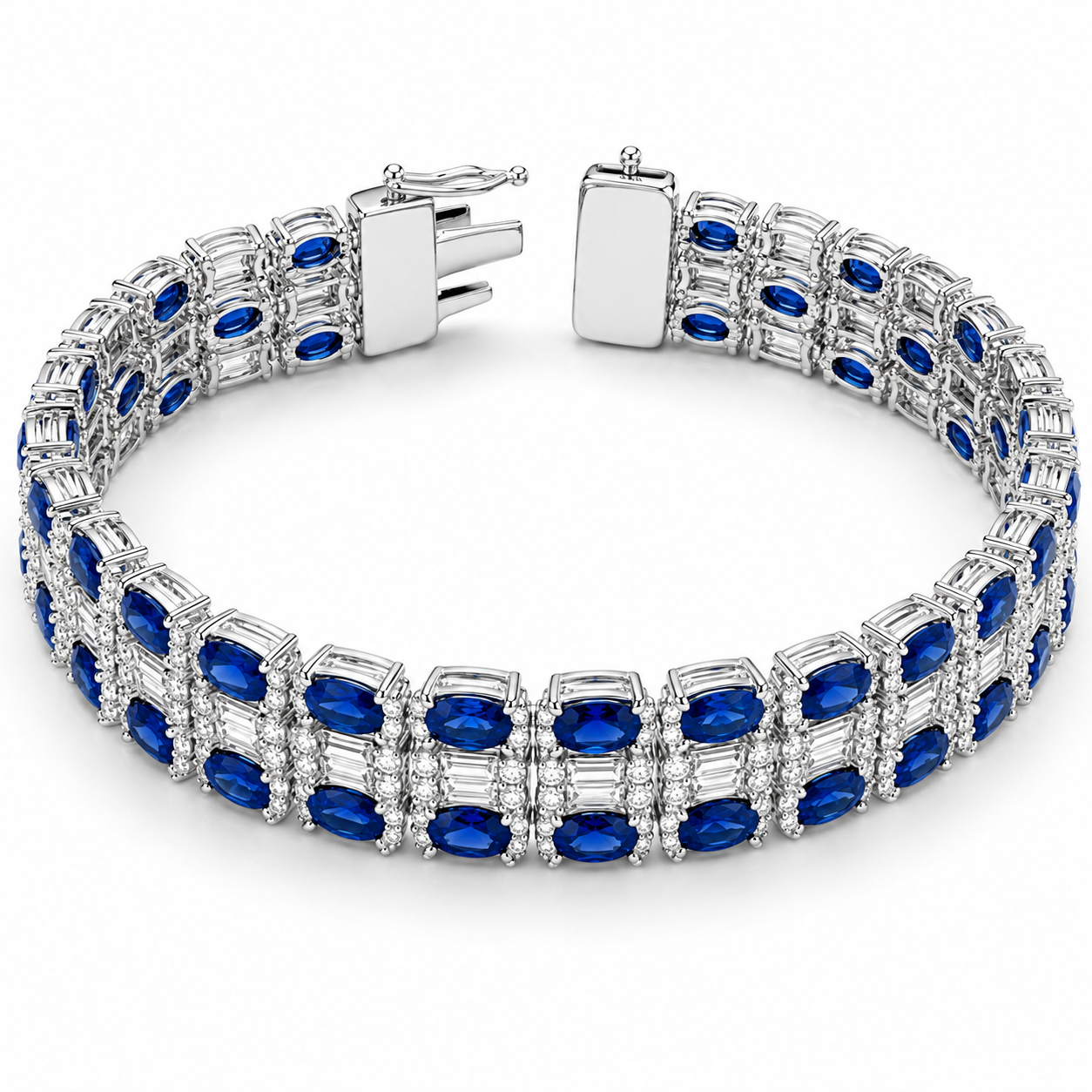 SG43308BRW-Blue Sapphire and Diamond Multi-Row Tennis Bracelet in White Gold